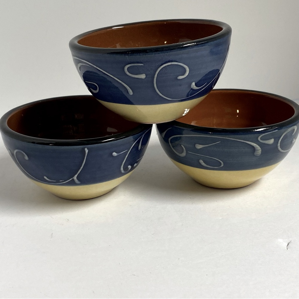 Crate & Barrel Blue Yellow Scroll Dip Bowls Set of 3 Portugal Hand Painted